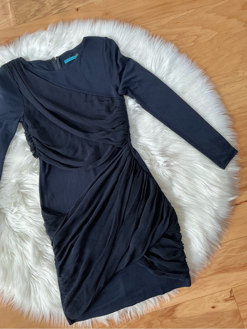 Alice + Olivia Navy Long-Sleeve Goddess silk Draped Ruched Mini Dress Size Small
